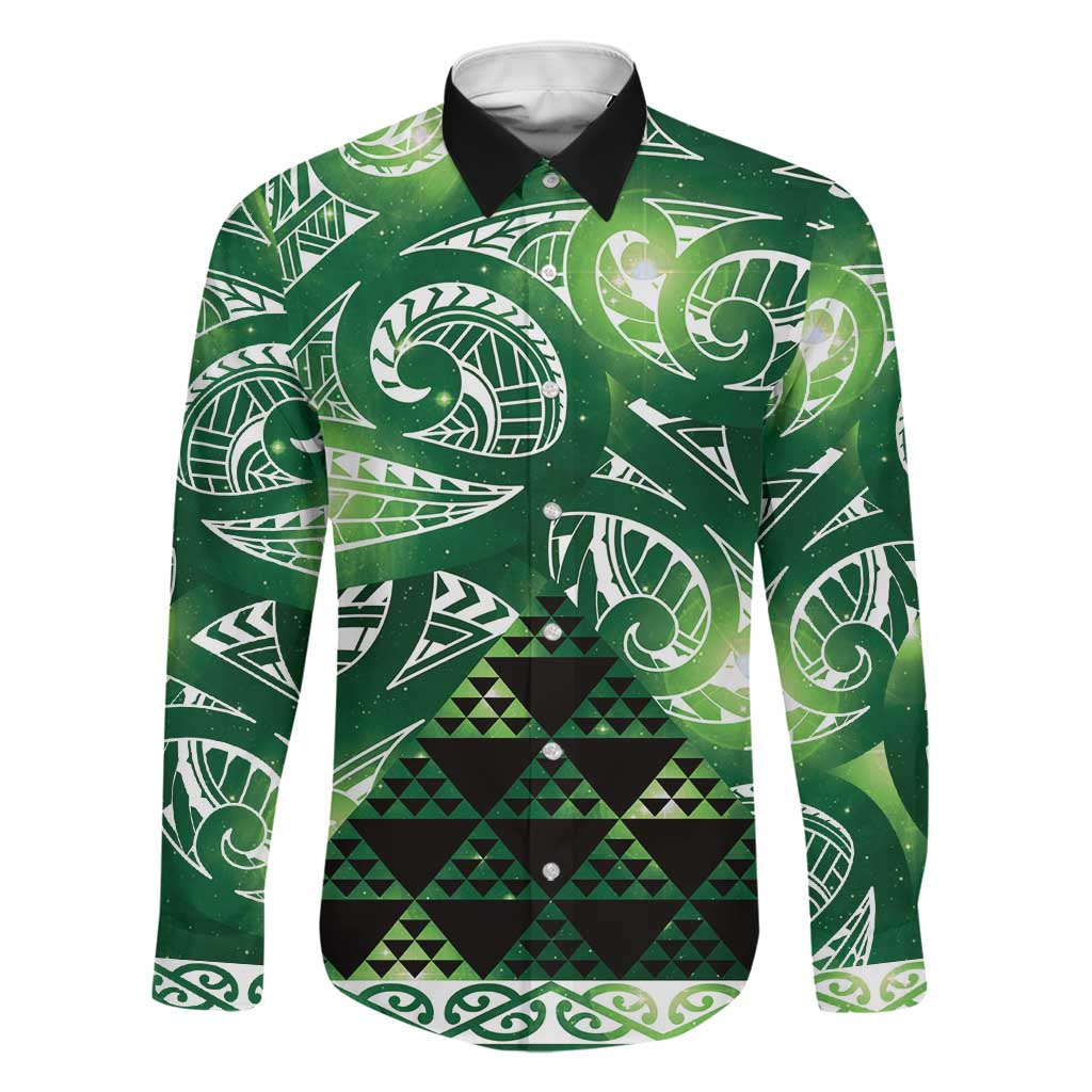 Matariki New Zealand Family Matching Off Shoulder Short Dress and Hawaiian Shirt NZ Niho Taniwha Maori New Year Green Galaxy LT14 Dad's Shirt - Long Sleeve Green - Polynesian Pride