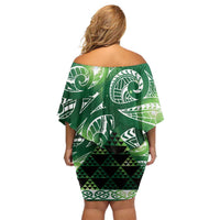 Matariki New Zealand Family Matching Off Shoulder Short Dress and Hawaiian Shirt NZ Niho Taniwha Maori New Year Green Galaxy LT14 - Polynesian Pride