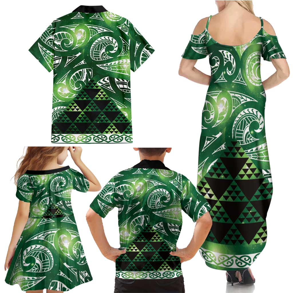 Matariki New Zealand Family Matching Summer Maxi Dress and Hawaiian Shirt NZ Niho Taniwha Maori New Year Green Galaxy LT14 - Polynesian Pride