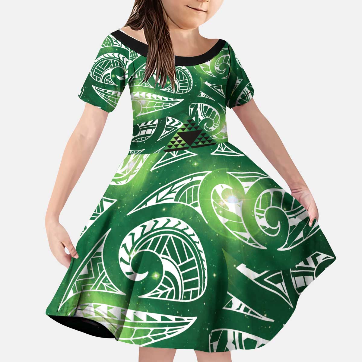 Matariki New Zealand Kid Short Sleeve Dress NZ Niho Taniwha Maori New Year Green Galaxy LT14 KID Green - Polynesian Pride