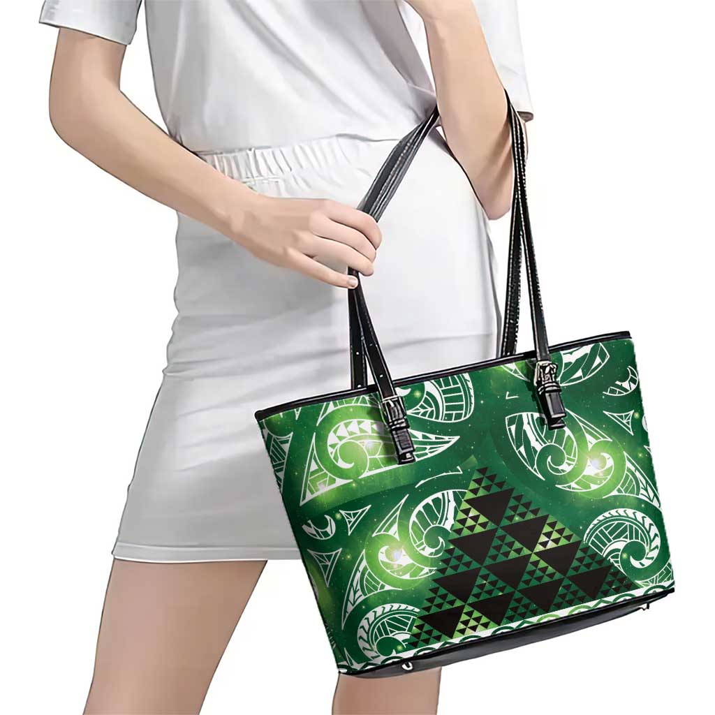 Matariki New Zealand Leather Tote Bag NZ Niho Taniwha Maori New Year Green Galaxy