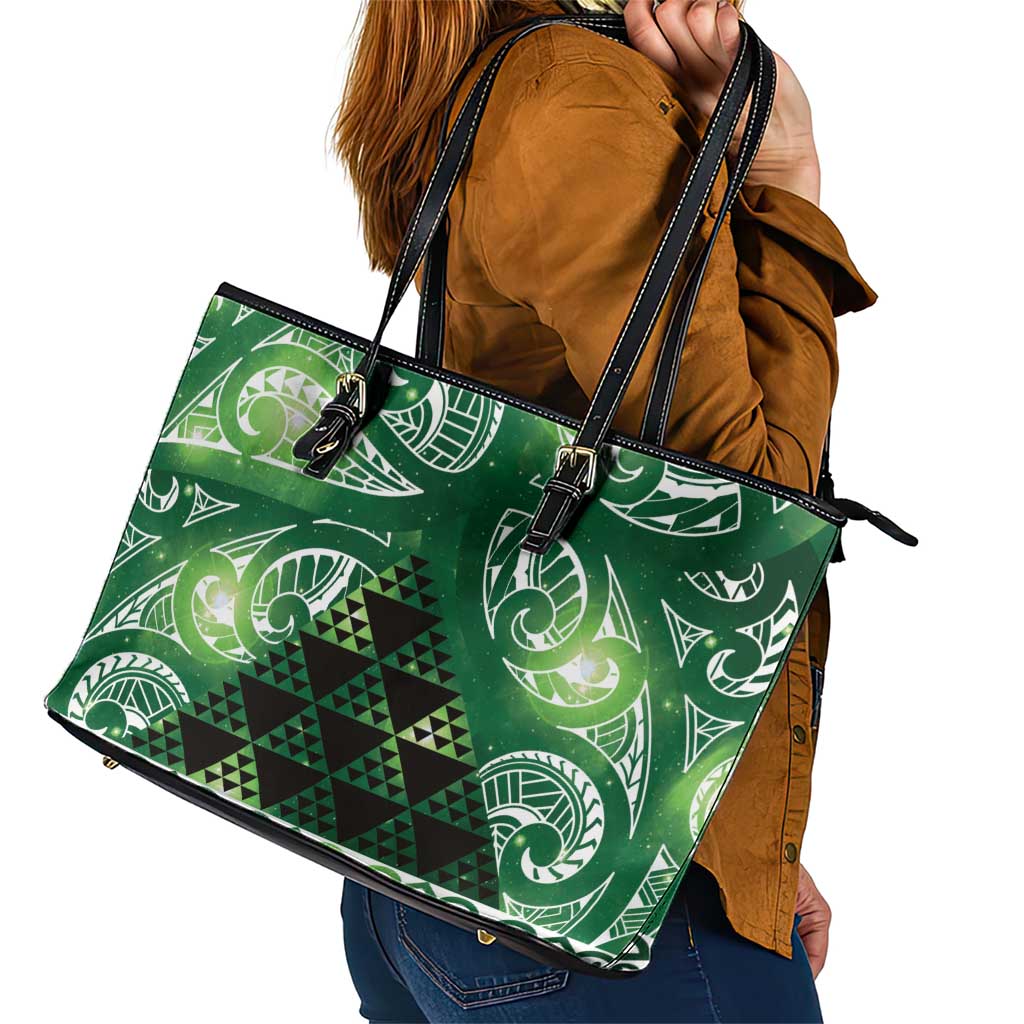 Matariki New Zealand Leather Tote Bag NZ Niho Taniwha Maori New Year Green Galaxy