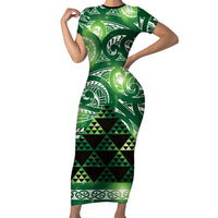 Matariki New Zealand Short Sleeve Bodycon Dress NZ Niho Taniwha Maori New Year Green Galaxy LT14 Long Dress Green - Polynesian Pride