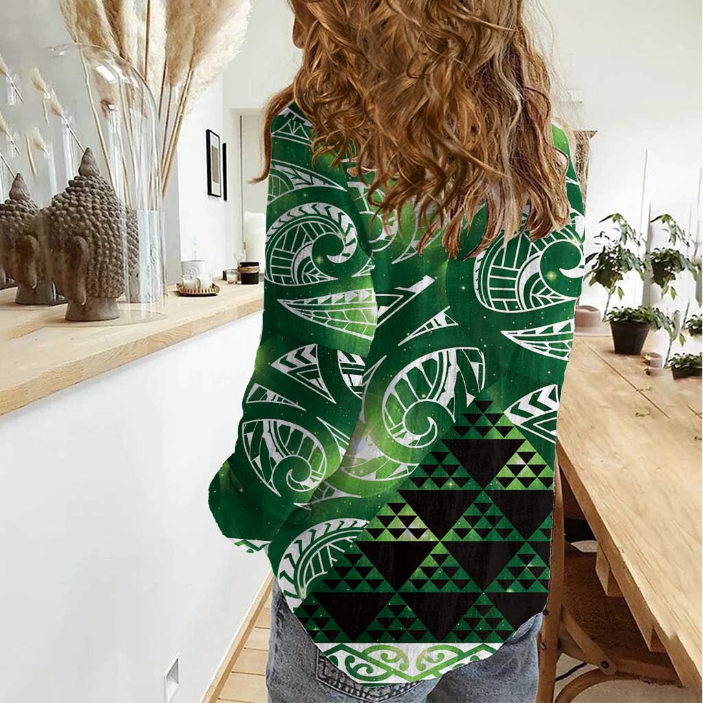 Matariki New Zealand Women Casual Shirt NZ Niho Taniwha Maori New Year Green Galaxy LT14 - Polynesian Pride