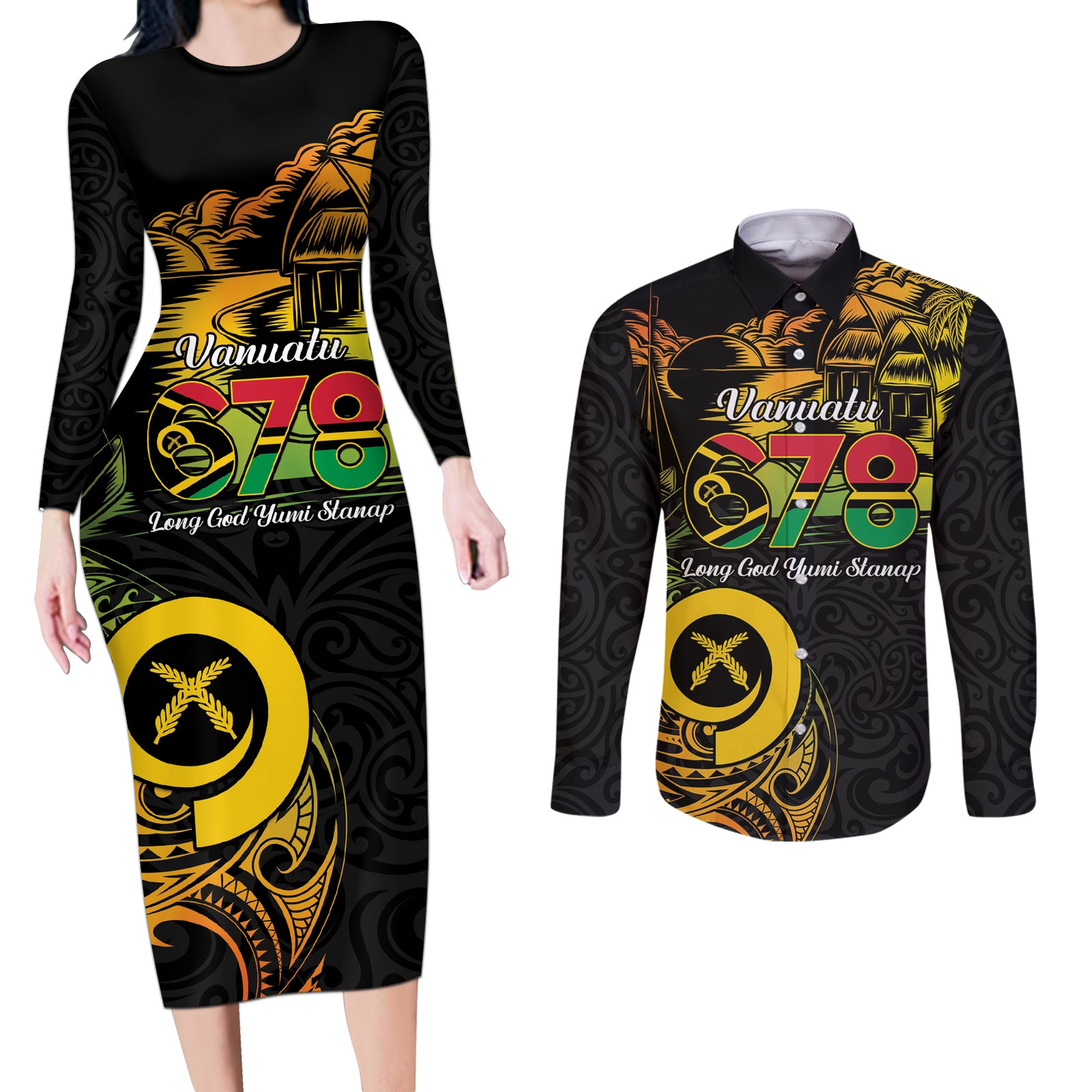 Personalised Vanuatu 678 Couples Matching Long Sleeve Bodycon Dress and Long Sleeve Button Shirt Proud To Be A Ni-Van
