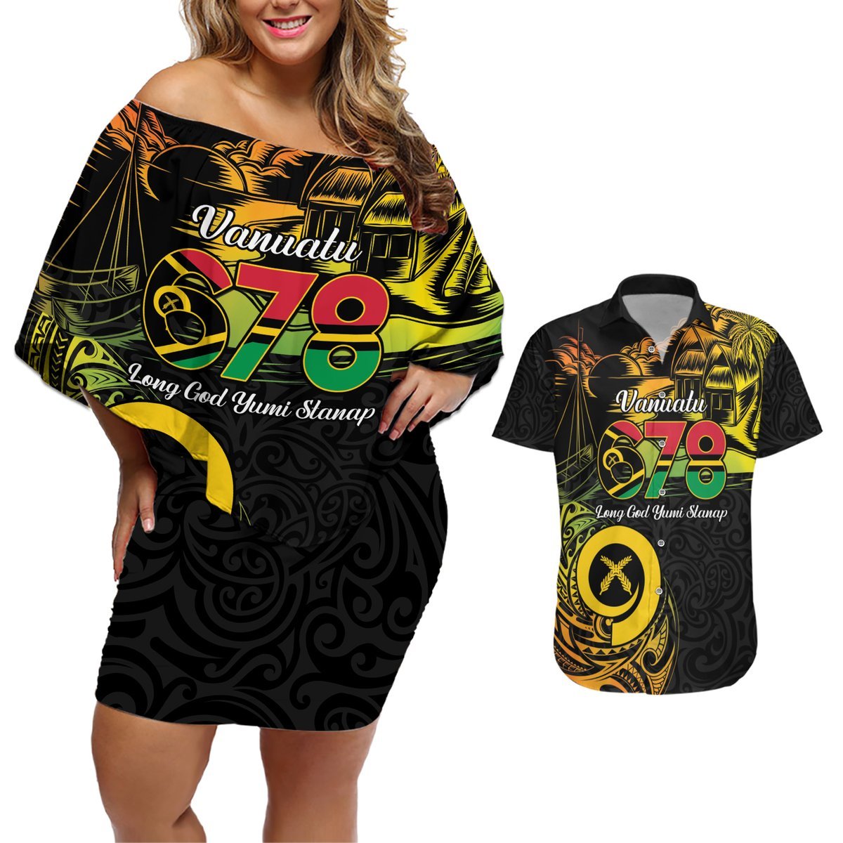 Personalised Vanuatu 678 Couples Matching Off Shoulder Short Dress and Hawaiian Shirt Proud To Be A Ni-Van LT14 Black - Polynesian Pride