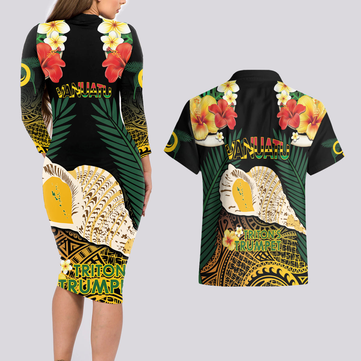 Vanuatu Triton's Trumpet Couples Matching Long Sleeve Bodycon Dress and Hawaiian Shirt Tropical Flowers Vanuatuan Map LT14 - Polynesian Pride