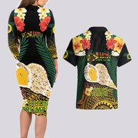 Vanuatu Triton's Trumpet Couples Matching Long Sleeve Bodycon Dress and Hawaiian Shirt Tropical Flowers Vanuatuan Map LT14 - Polynesian Pride