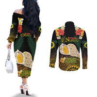 Vanuatu Triton's Trumpet Couples Matching Off The Shoulder Long Sleeve Dress and Long Sleeve Button Shirt Tropical Flowers Vanuatuan Map