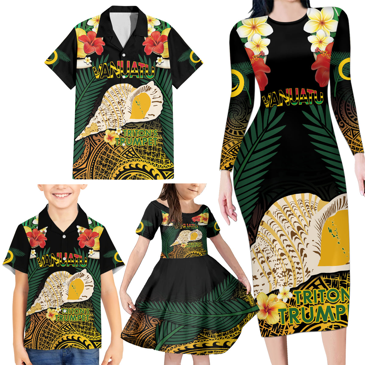 Vanuatu Triton's Trumpet Family Matching Long Sleeve Bodycon Dress and Hawaiian Shirt Tropical Flowers Vanuatuan Map LT14 - Polynesian Pride