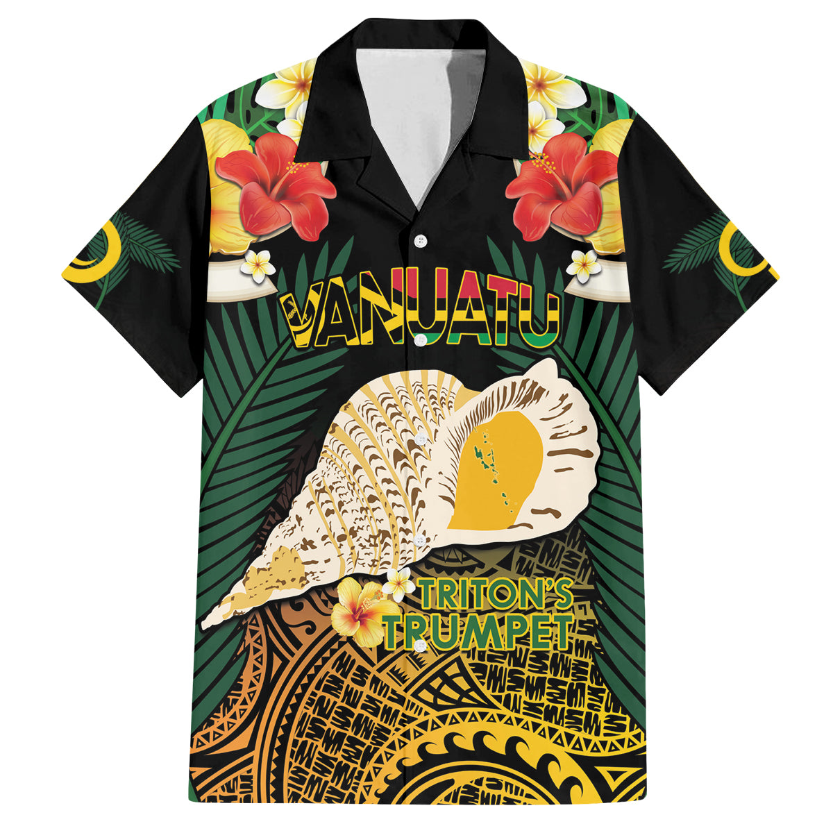 Vanuatu Triton's Trumpet Family Matching Long Sleeve Bodycon Dress and Hawaiian Shirt Tropical Flowers Vanuatuan Map LT14 Dad's Shirt - Short Sleeve Black - Polynesian Pride