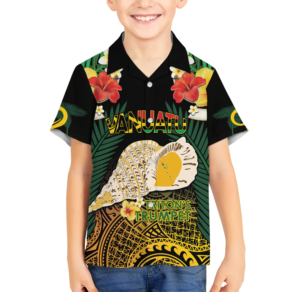 Vanuatu Triton's Trumpet Family Matching Long Sleeve Bodycon Dress and Hawaiian Shirt Tropical Flowers Vanuatuan Map LT14 Son's Shirt Black - Polynesian Pride