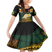 Vanuatu Triton's Trumpet Family Matching Mermaid Dress and Hawaiian Shirt Tropical Flowers Vanuatuan Map LT14 Daughter's Dress Black - Polynesian Pride