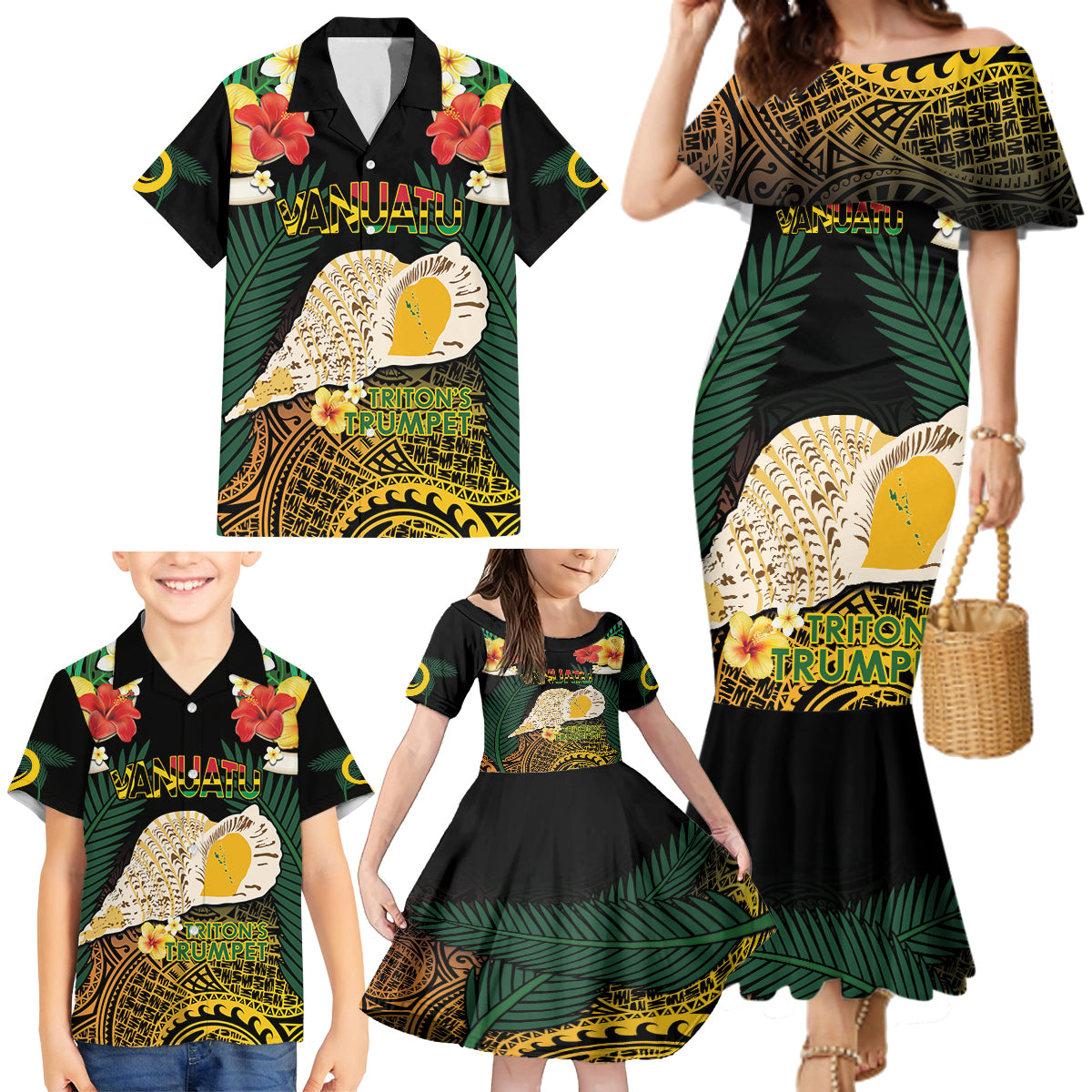 Vanuatu Triton's Trumpet Family Matching Mermaid Dress and Hawaiian Shirt Tropical Flowers Vanuatuan Map LT14 - Polynesian Pride