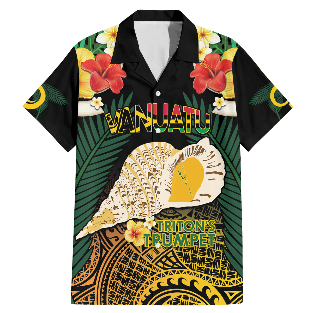 Vanuatu Triton's Trumpet Family Matching Mermaid Dress and Hawaiian Shirt Tropical Flowers Vanuatuan Map LT14 Dad's Shirt - Short Sleeve Black - Polynesian Pride