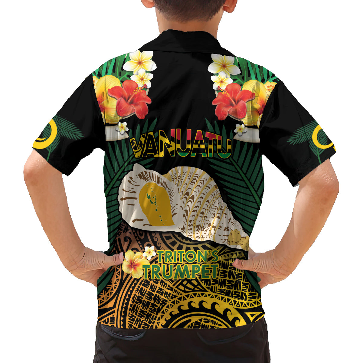 Vanuatu Triton's Trumpet Family Matching Off Shoulder Short Dress and Hawaiian Shirt Tropical Flowers Vanuatuan Map