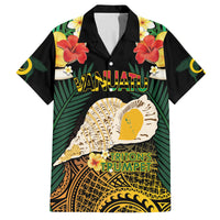 Vanuatu Triton's Trumpet Family Matching Puletasi and Hawaiian Shirt Tropical Flowers Vanuatuan Map LT14 Dad's Shirt - Short Sleeve Black - Polynesian Pride