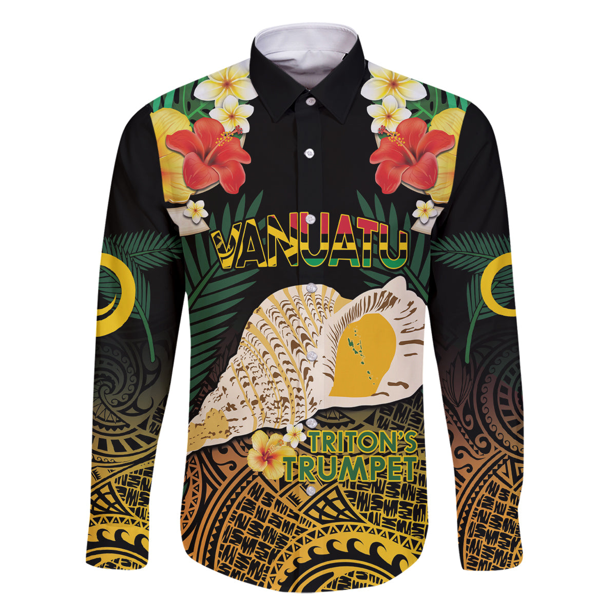 Vanuatu Triton's Trumpet Family Matching Puletasi and Hawaiian Shirt Tropical Flowers Vanuatuan Map LT14 Dad's Shirt - Long Sleeve Black - Polynesian Pride