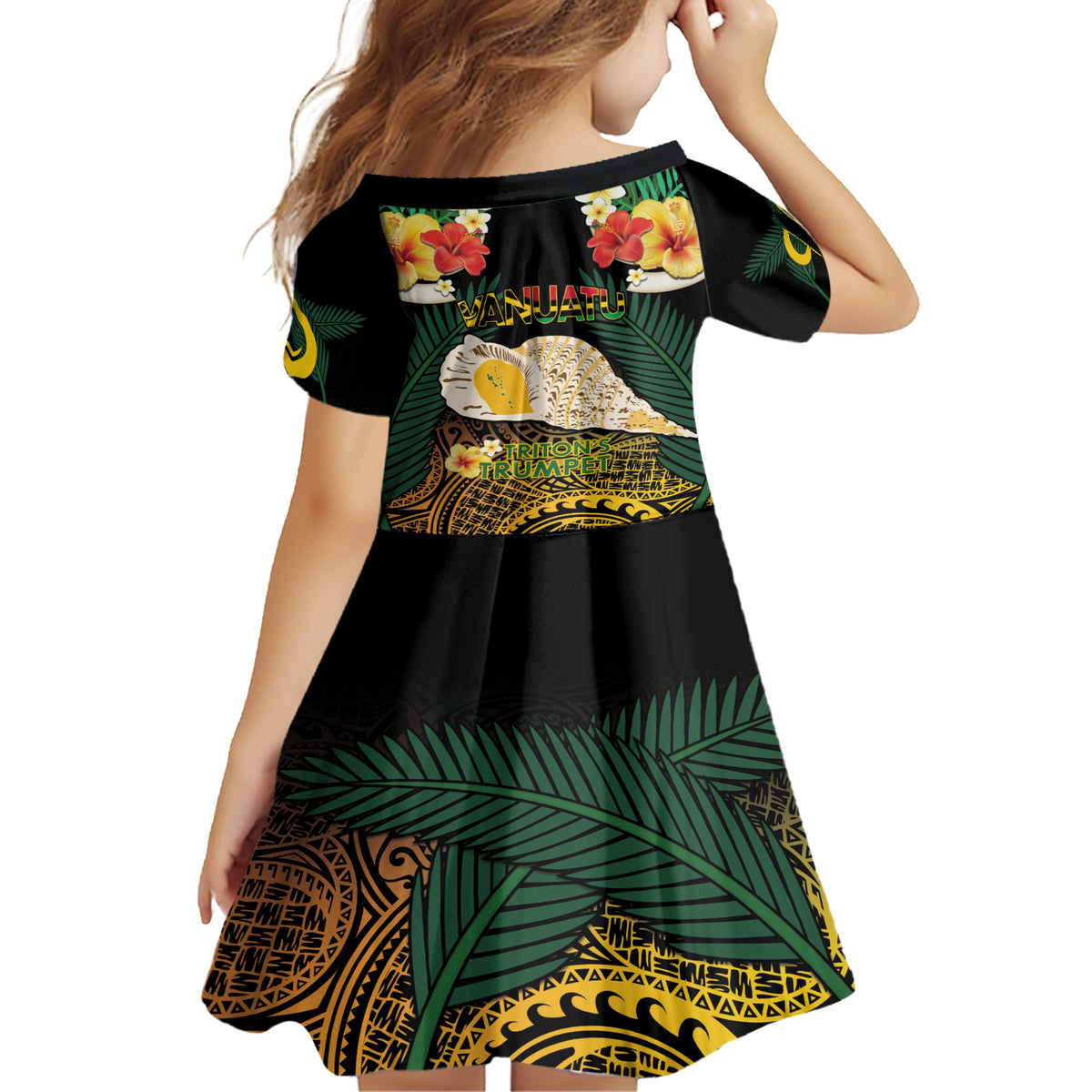 Vanuatu Triton's Trumpet Family Matching Short Sleeve Bodycon Dress and Hawaiian Shirt Tropical Flowers Vanuatuan Map LT14 - Polynesian Pride