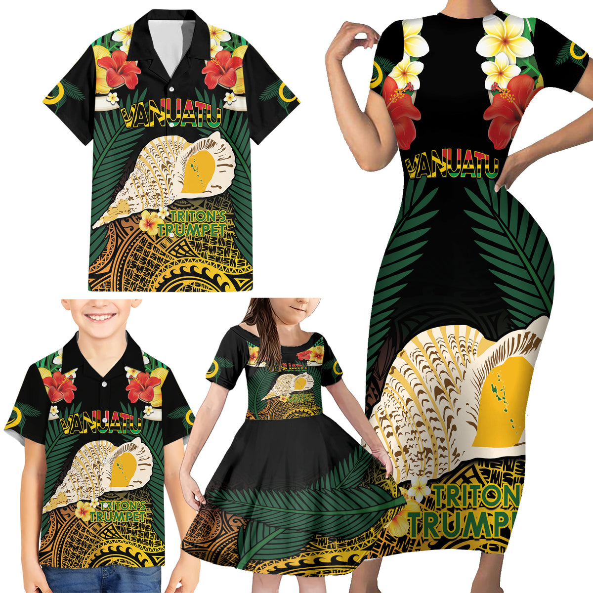 Vanuatu Triton's Trumpet Family Matching Short Sleeve Bodycon Dress and Hawaiian Shirt Tropical Flowers Vanuatuan Map LT14 - Polynesian Pride