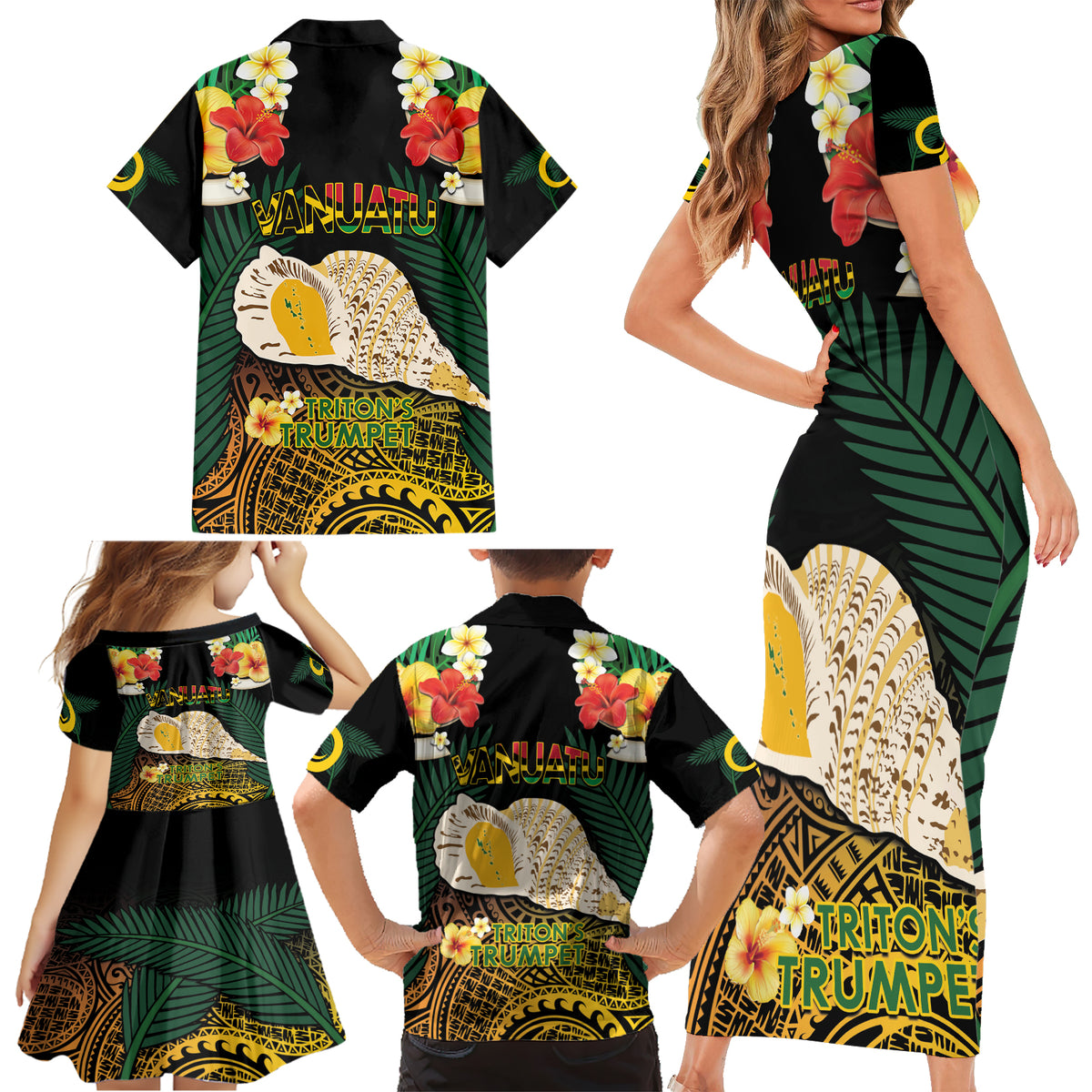Vanuatu Triton's Trumpet Family Matching Short Sleeve Bodycon Dress and Hawaiian Shirt Tropical Flowers Vanuatuan Map LT14 - Polynesian Pride