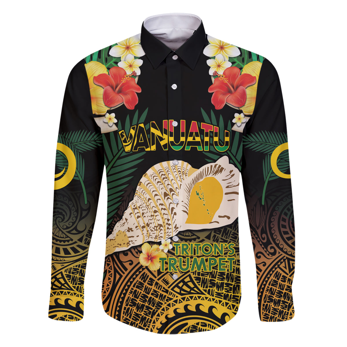 Vanuatu Triton's Trumpet Family Matching Short Sleeve Bodycon Dress and Hawaiian Shirt Tropical Flowers Vanuatuan Map LT14 Dad's Shirt - Long Sleeve Black - Polynesian Pride
