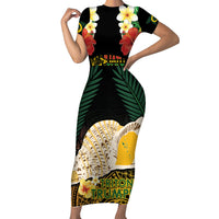 Vanuatu Triton's Trumpet Family Matching Short Sleeve Bodycon Dress and Hawaiian Shirt Tropical Flowers Vanuatuan Map LT14 Mom's Dress Black - Polynesian Pride