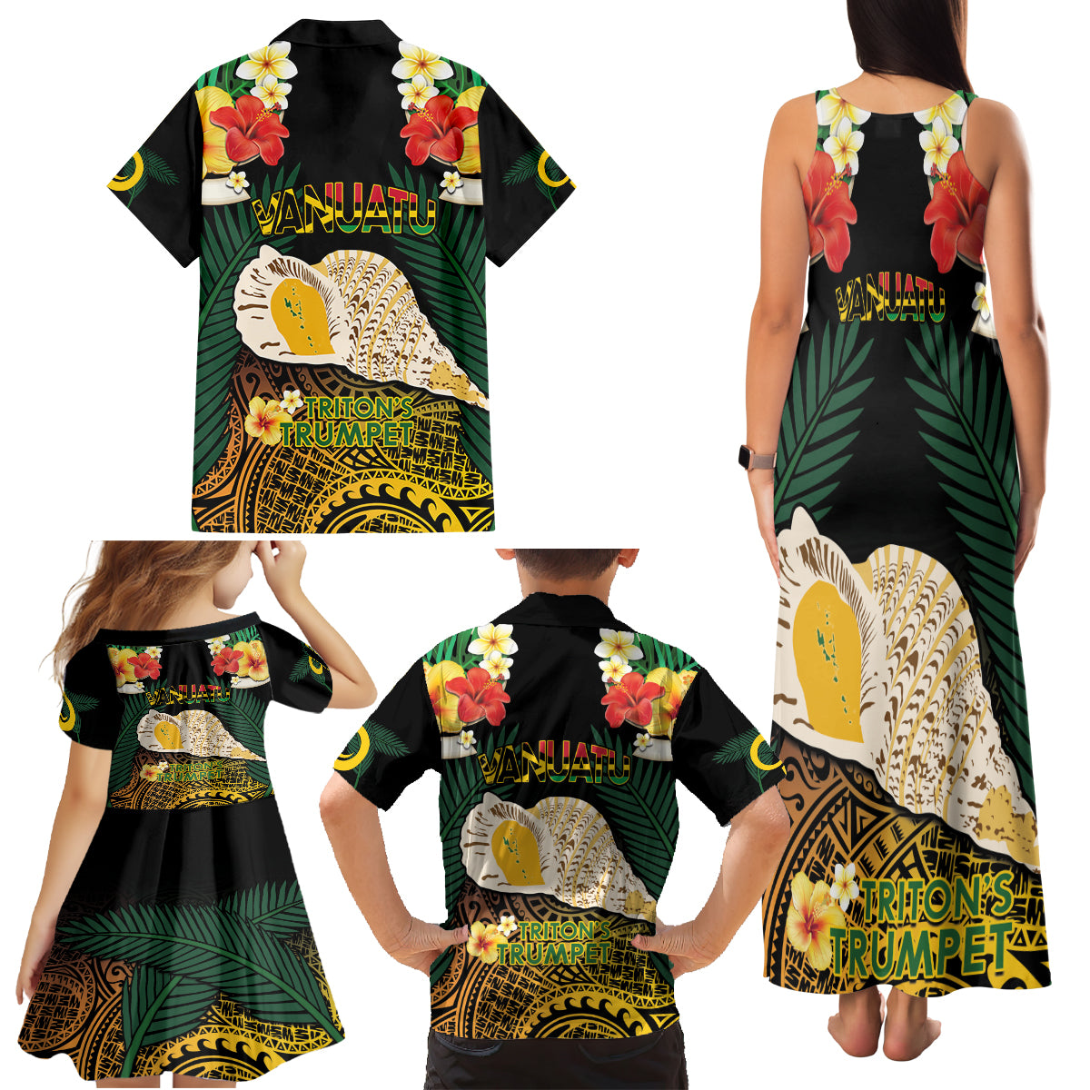Vanuatu Triton's Trumpet Family Matching Tank Maxi Dress and Hawaiian Shirt Tropical Flowers Vanuatuan Map