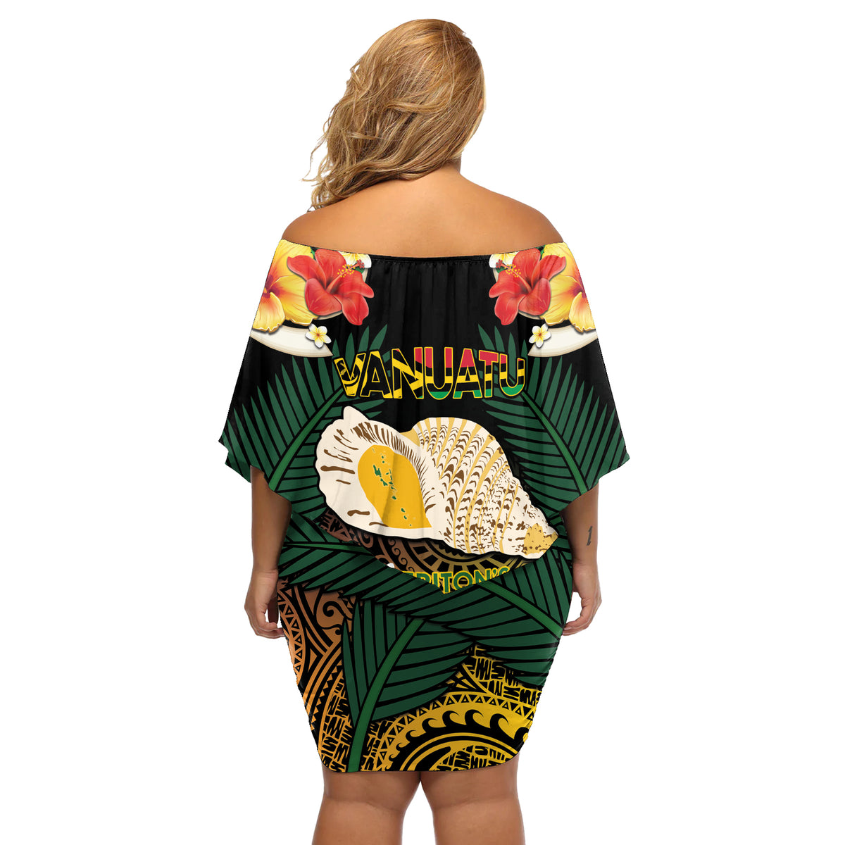 Vanuatu Triton's Trumpet Off Shoulder Short Dress Tropical Flowers Vanuatuan Map