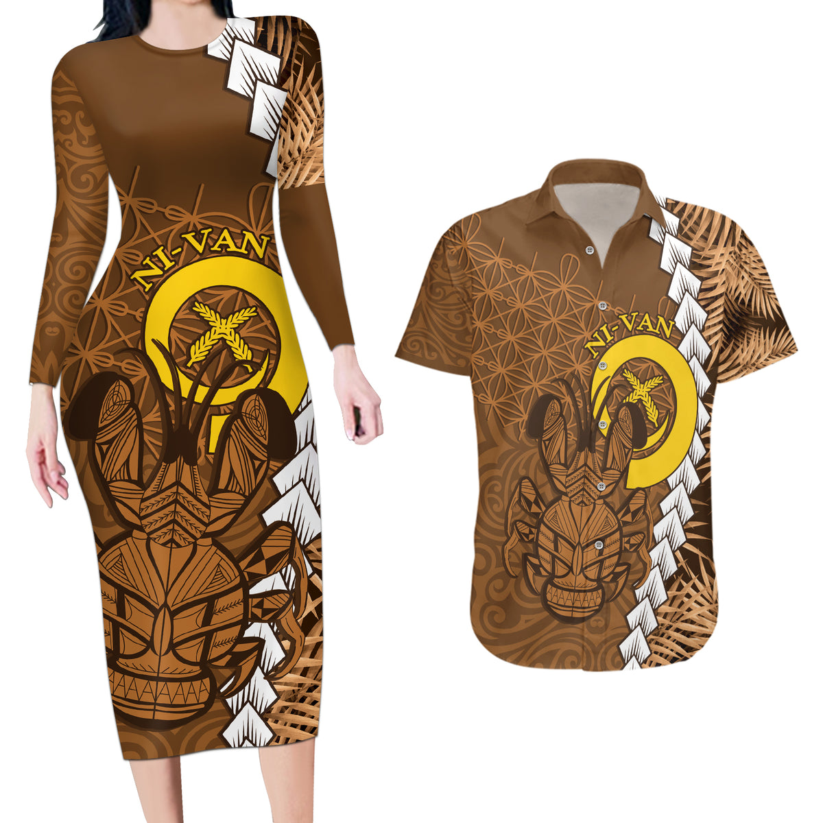 Vanuatu Coconut Crab Couples Matching Long Sleeve Bodycon Dress and Hawaiian Shirt Ni-Van Tropical Leaves With Sand Drawing Art LT14 Brown - Polynesian Pride