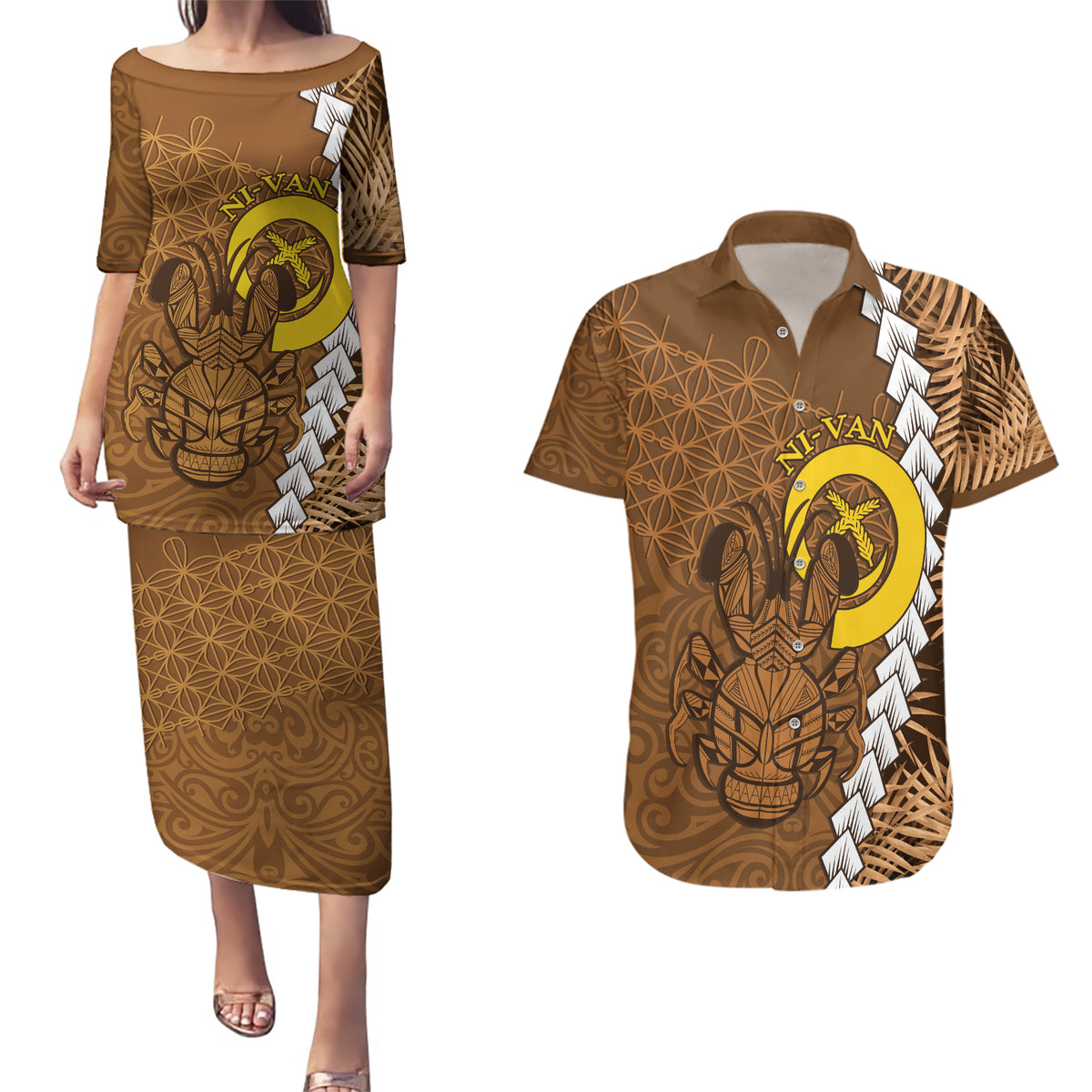 Vanuatu Coconut Crab Couples Matching Puletasi and Hawaiian Shirt Ni-Van Tropical Leaves With Sand Drawing Art