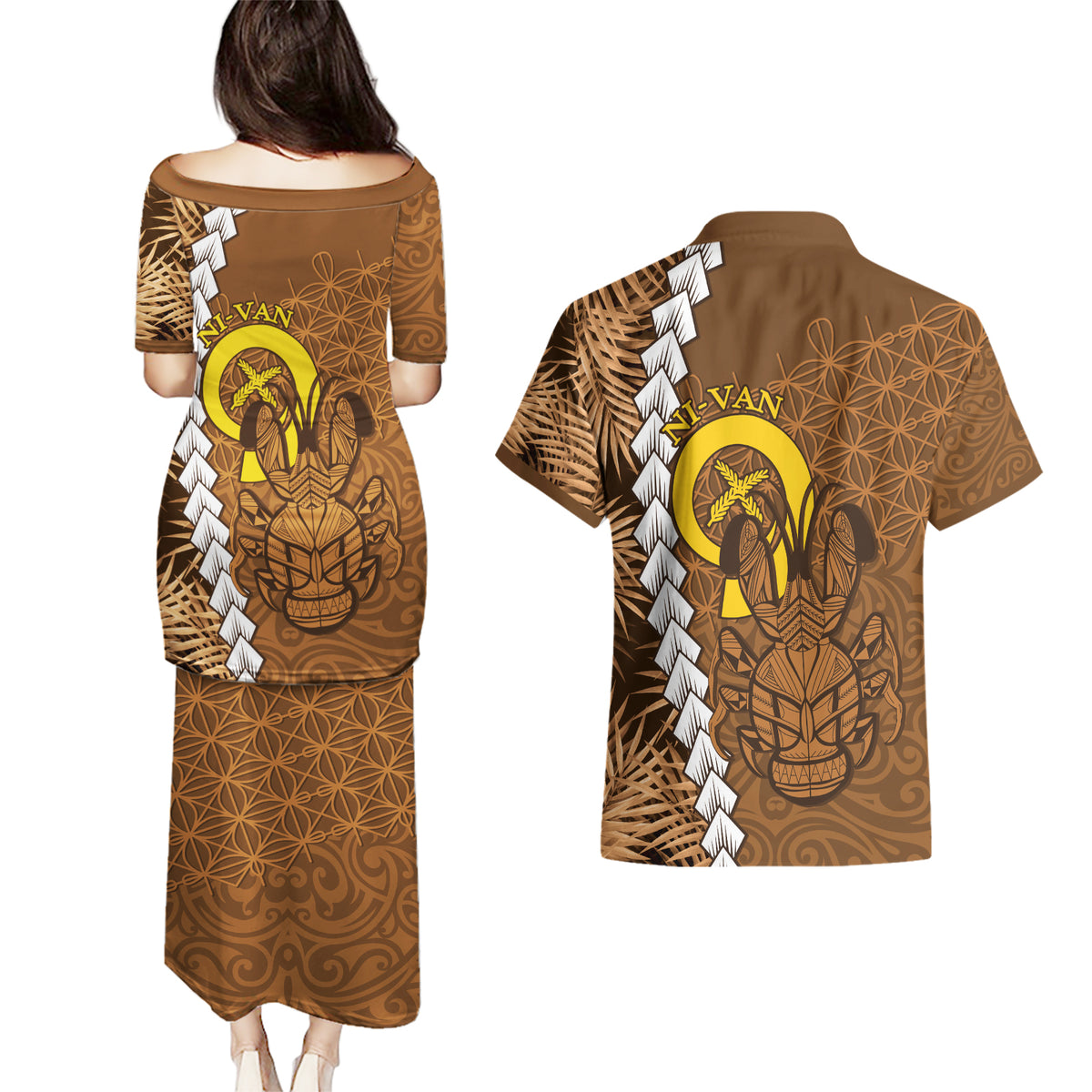 Vanuatu Coconut Crab Couples Matching Puletasi and Hawaiian Shirt Ni-Van Tropical Leaves With Sand Drawing Art