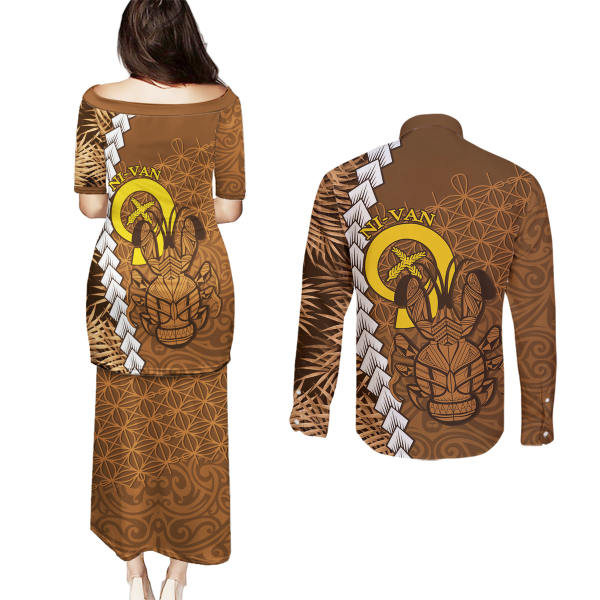 Vanuatu Coconut Crab Couples Matching Puletasi and Long Sleeve Button Shirt Ni-Van Tropical Leaves With Sand Drawing Art
