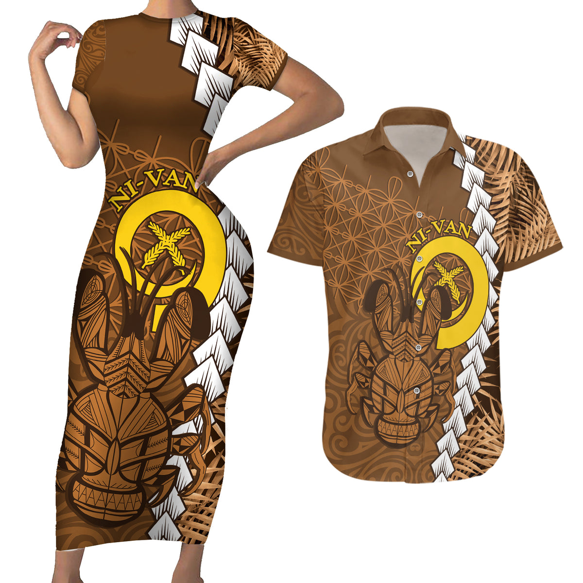 Vanuatu Coconut Crab Couples Matching Short Sleeve Bodycon Dress and Hawaiian Shirt Ni-Van Tropical Leaves With Sand Drawing Art LT14 Brown - Polynesian Pride