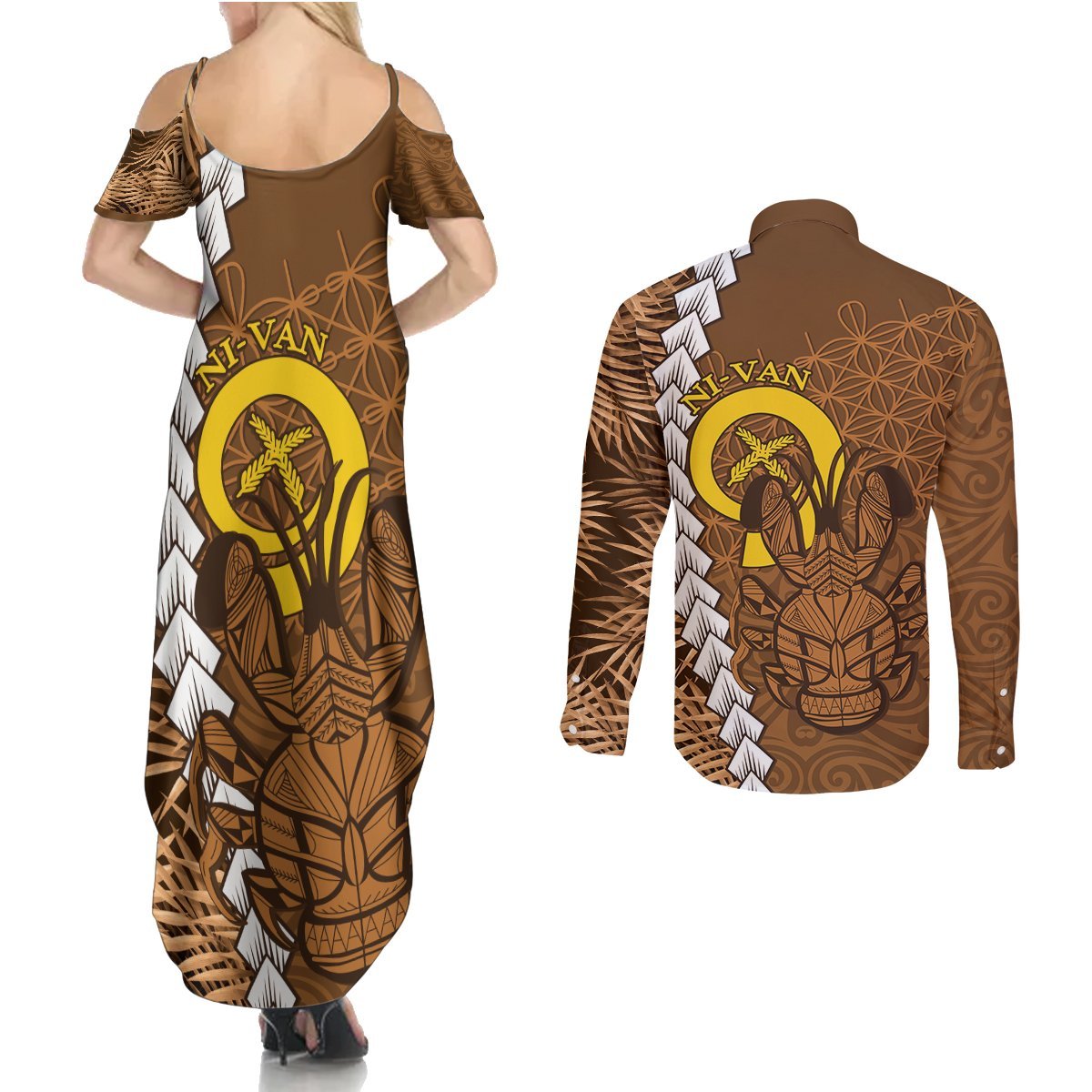 Vanuatu Coconut Crab Couples Matching Summer Maxi Dress and Long Sleeve Button Shirt Ni-Van Tropical Leaves With Sand Drawing Art LT14 - Polynesian Pride