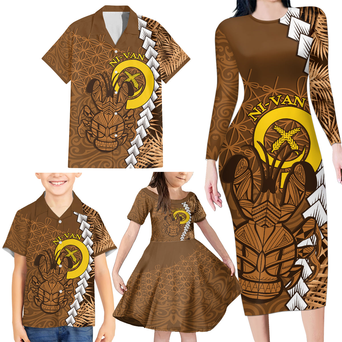 Vanuatu Coconut Crab Family Matching Long Sleeve Bodycon Dress and Hawaiian Shirt Ni-Van Tropical Leaves With Sand Drawing Art LT14 - Polynesian Pride