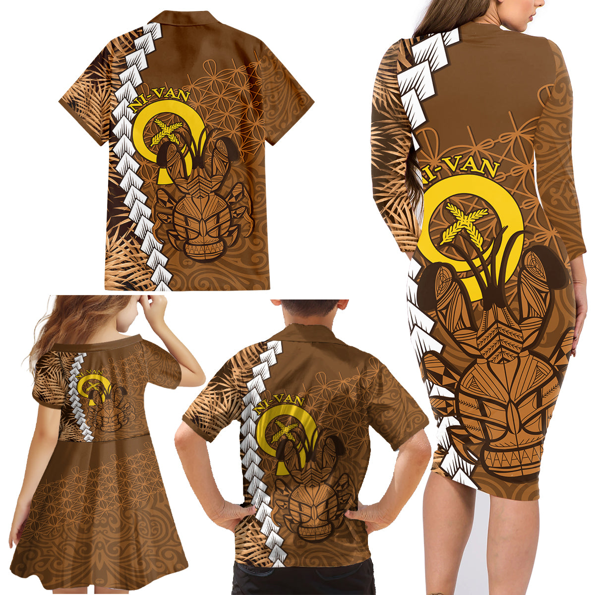 Vanuatu Coconut Crab Family Matching Long Sleeve Bodycon Dress and Hawaiian Shirt Ni-Van Tropical Leaves With Sand Drawing Art LT14 - Polynesian Pride
