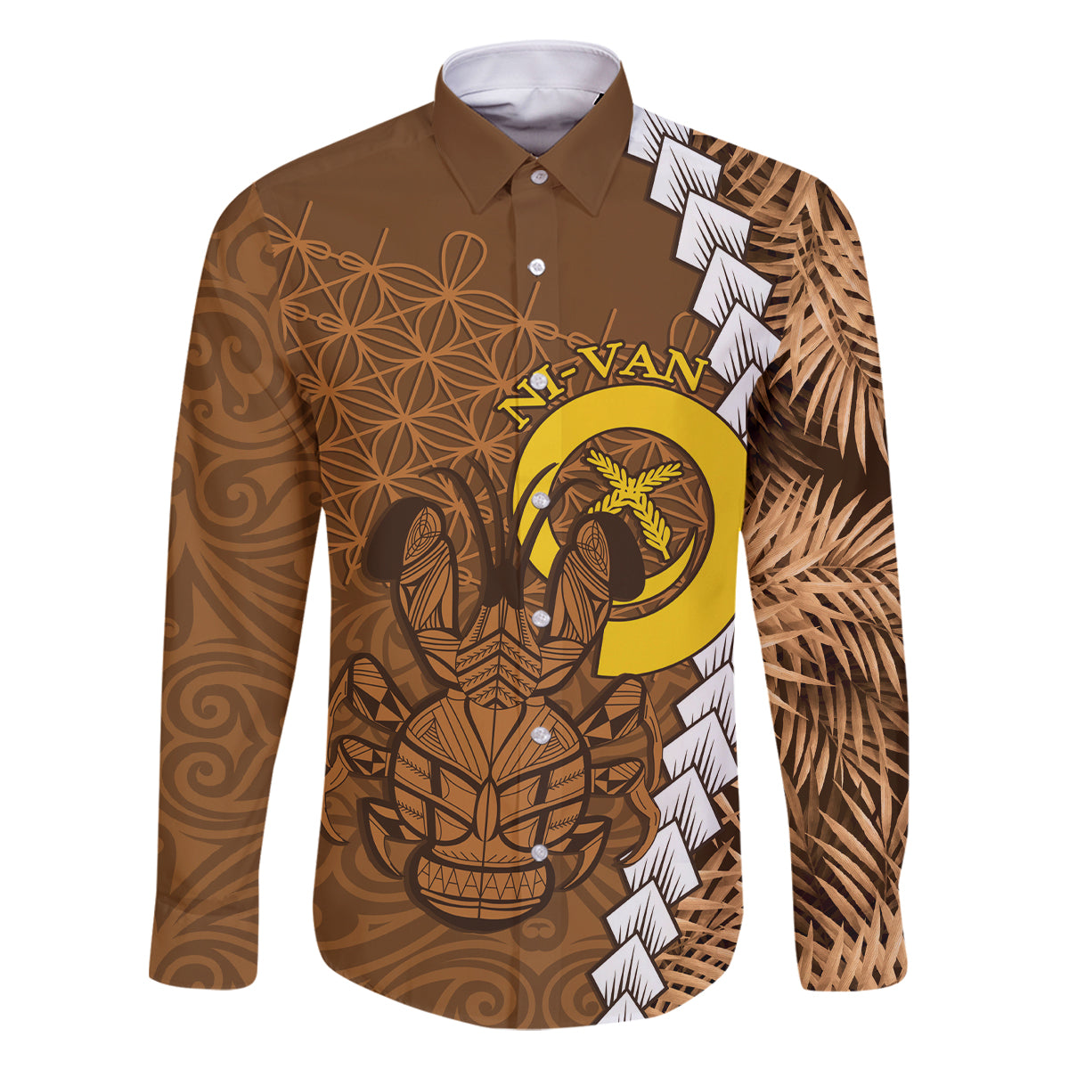 Vanuatu Coconut Crab Family Matching Long Sleeve Bodycon Dress and Hawaiian Shirt Ni-Van Tropical Leaves With Sand Drawing Art LT14 Dad's Shirt - Long Sleeve Brown - Polynesian Pride