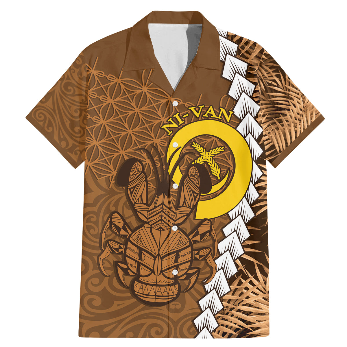 Vanuatu Coconut Crab Family Matching Mermaid Dress and Hawaiian Shirt Ni-Van Tropical Leaves With Sand Drawing Art LT14 Dad's Shirt - Short Sleeve Brown - Polynesian Pride