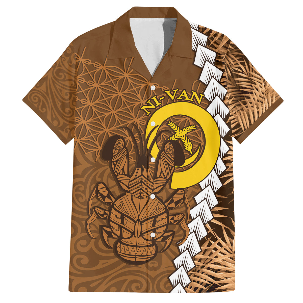 Vanuatu Coconut Crab Family Matching Puletasi and Hawaiian Shirt Ni-Van Tropical Leaves With Sand Drawing Art LT14 Dad's Shirt - Short Sleeve Brown - Polynesian Pride