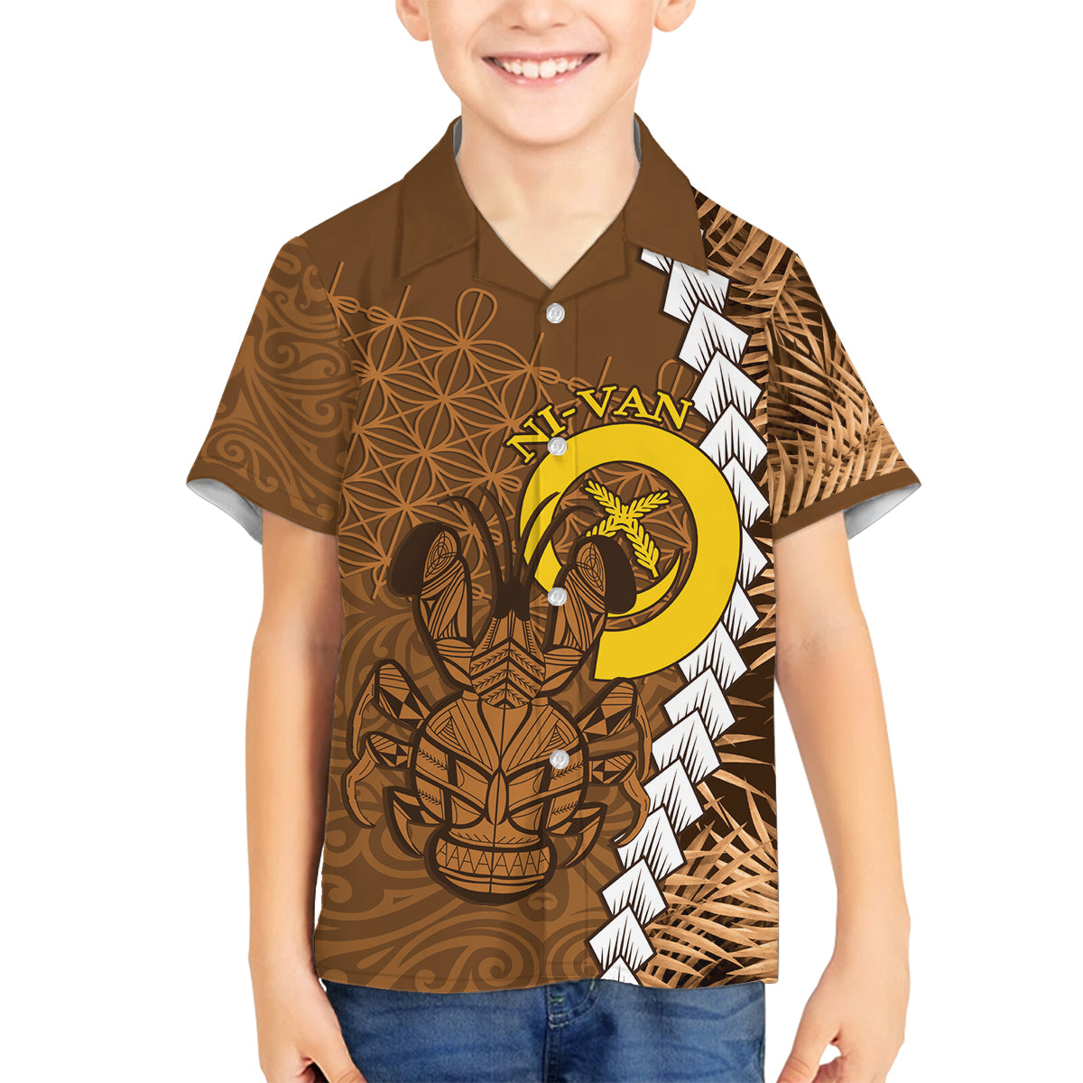 Vanuatu Coconut Crab Family Matching Puletasi and Hawaiian Shirt Ni-Van Tropical Leaves With Sand Drawing Art LT14 Son's Shirt Brown - Polynesian Pride