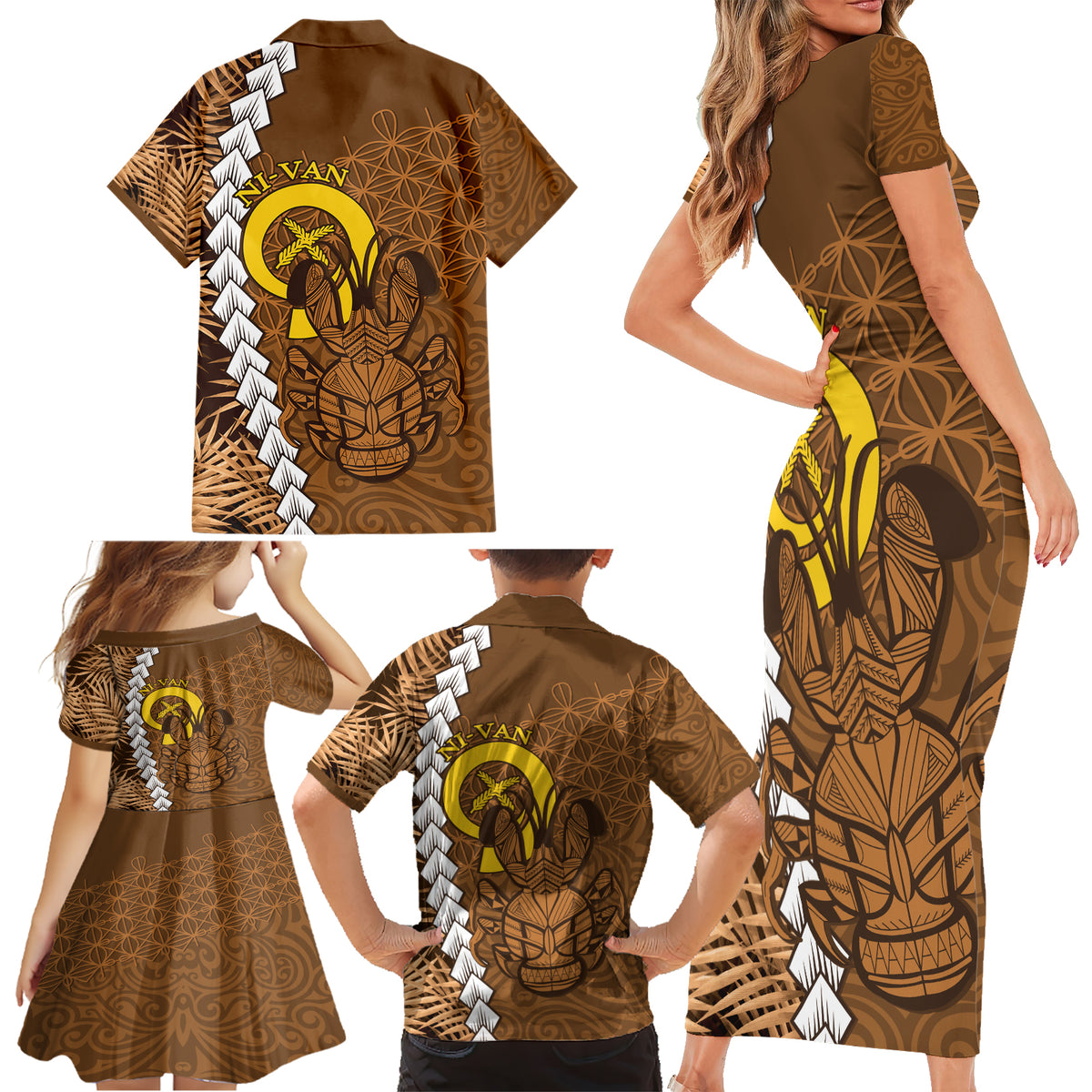 Vanuatu Coconut Crab Family Matching Short Sleeve Bodycon Dress and Hawaiian Shirt Ni-Van Tropical Leaves With Sand Drawing Art LT14 - Polynesian Pride