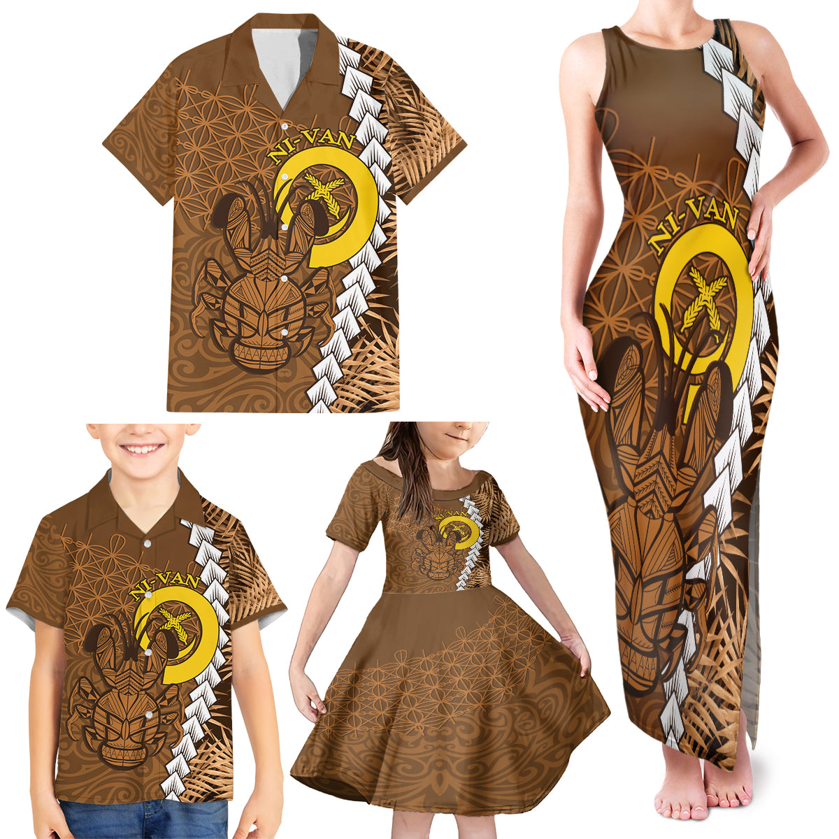 Vanuatu Coconut Crab Family Matching Tank Maxi Dress and Hawaiian Shirt Ni-Van Tropical Leaves With Sand Drawing Art