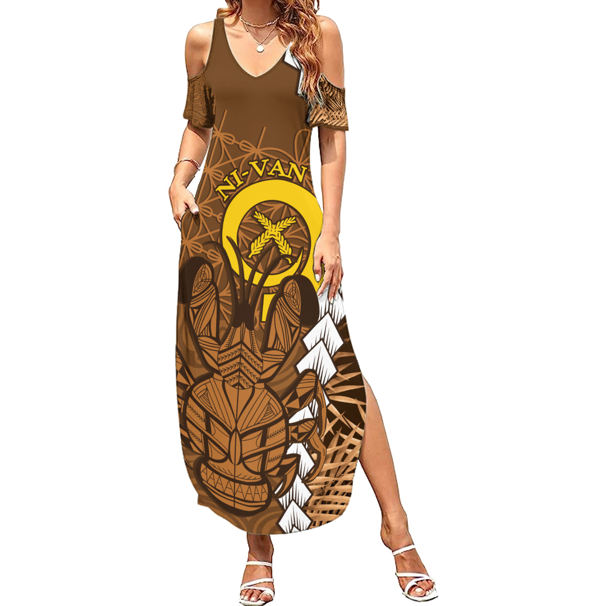 Vanuatu Coconut Crab Summer Maxi Dress Ni-Van Tropical Leaves With Sand Drawing Art