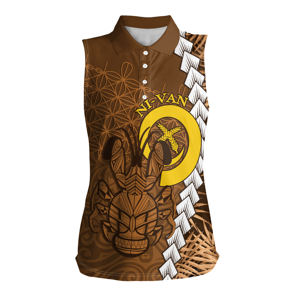 Vanuatu Coconut Crab Women Sleeveless Polo Shirt Ni-Van Tropical Leaves With Sand Drawing Art