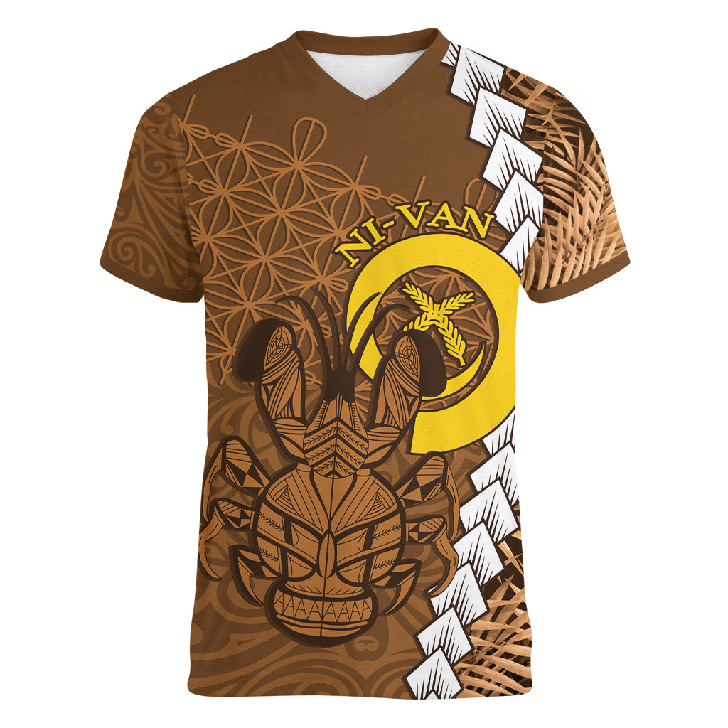 Vanuatu Coconut Crab Women V-Neck T-Shirt Ni-Van Tropical Leaves With Sand Drawing Art