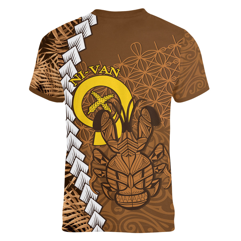 Vanuatu Coconut Crab Women V-Neck T-Shirt Ni-Van Tropical Leaves With Sand Drawing Art