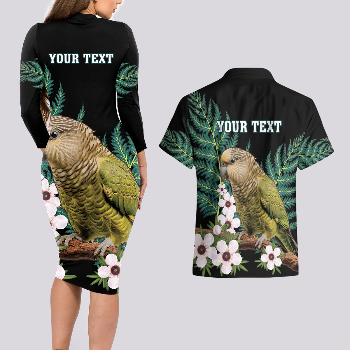 Personalised New Zealand Kakapo Couples Matching Long Sleeve Bodycon Dress and Hawaiian Shirt Aotearoa Fern With Manuka LT14 - Polynesian Pride