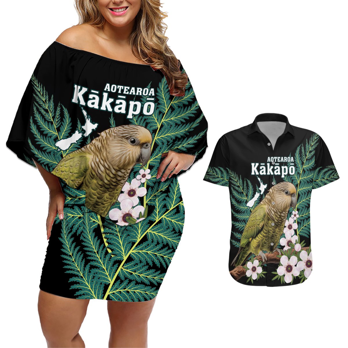 Personalised New Zealand Kakapo Couples Matching Off Shoulder Short Dress and Hawaiian Shirt Aotearoa Fern With Manuka LT14 Black - Polynesian Pride