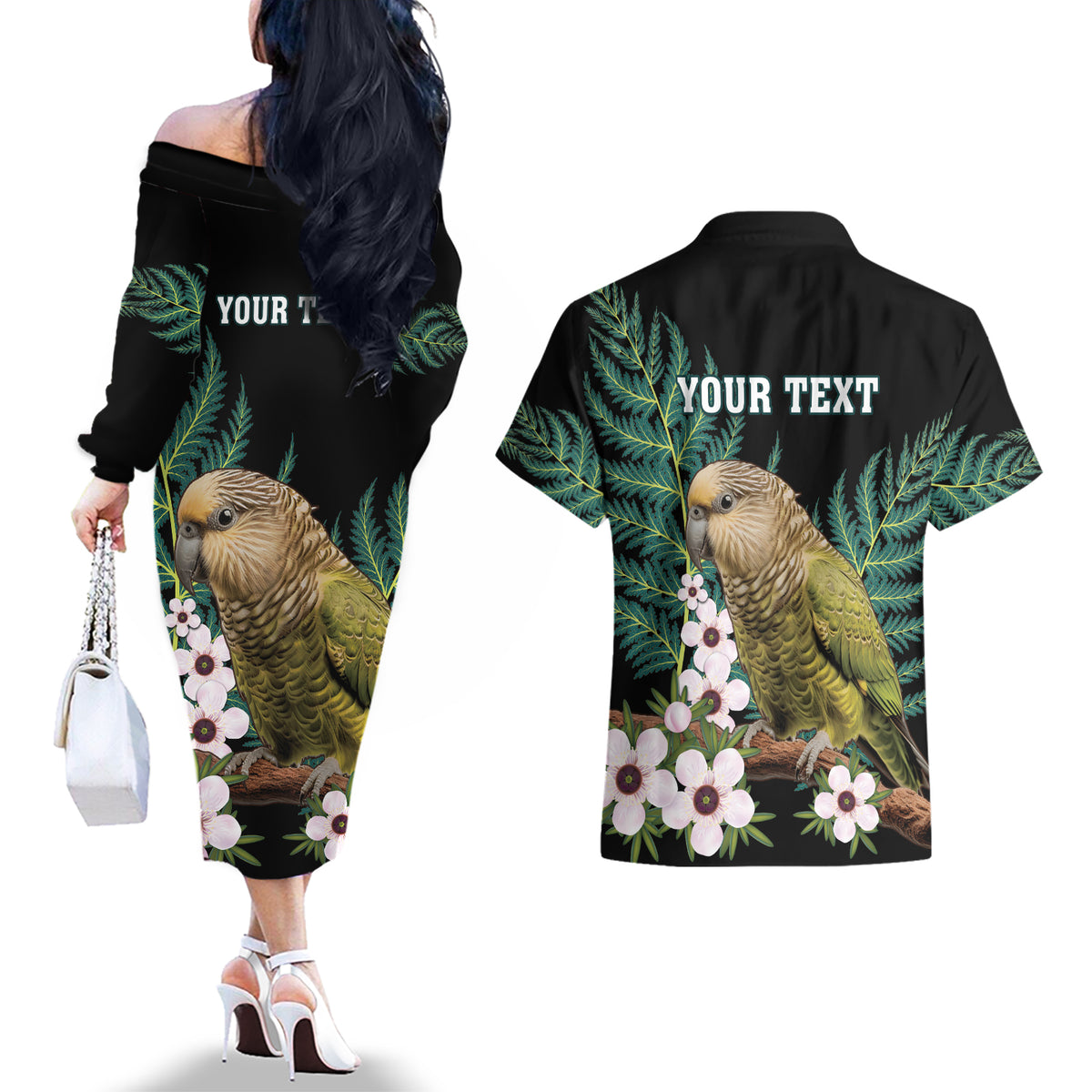 Personalised New Zealand Kakapo Couples Matching Off The Shoulder Long Sleeve Dress and Hawaiian Shirt Aotearoa Fern With Manuka